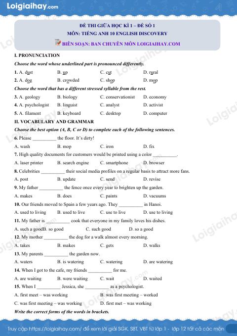 Đề thi giữa kì 1 Tiếng Anh 10 English Discovery - Đề số 1